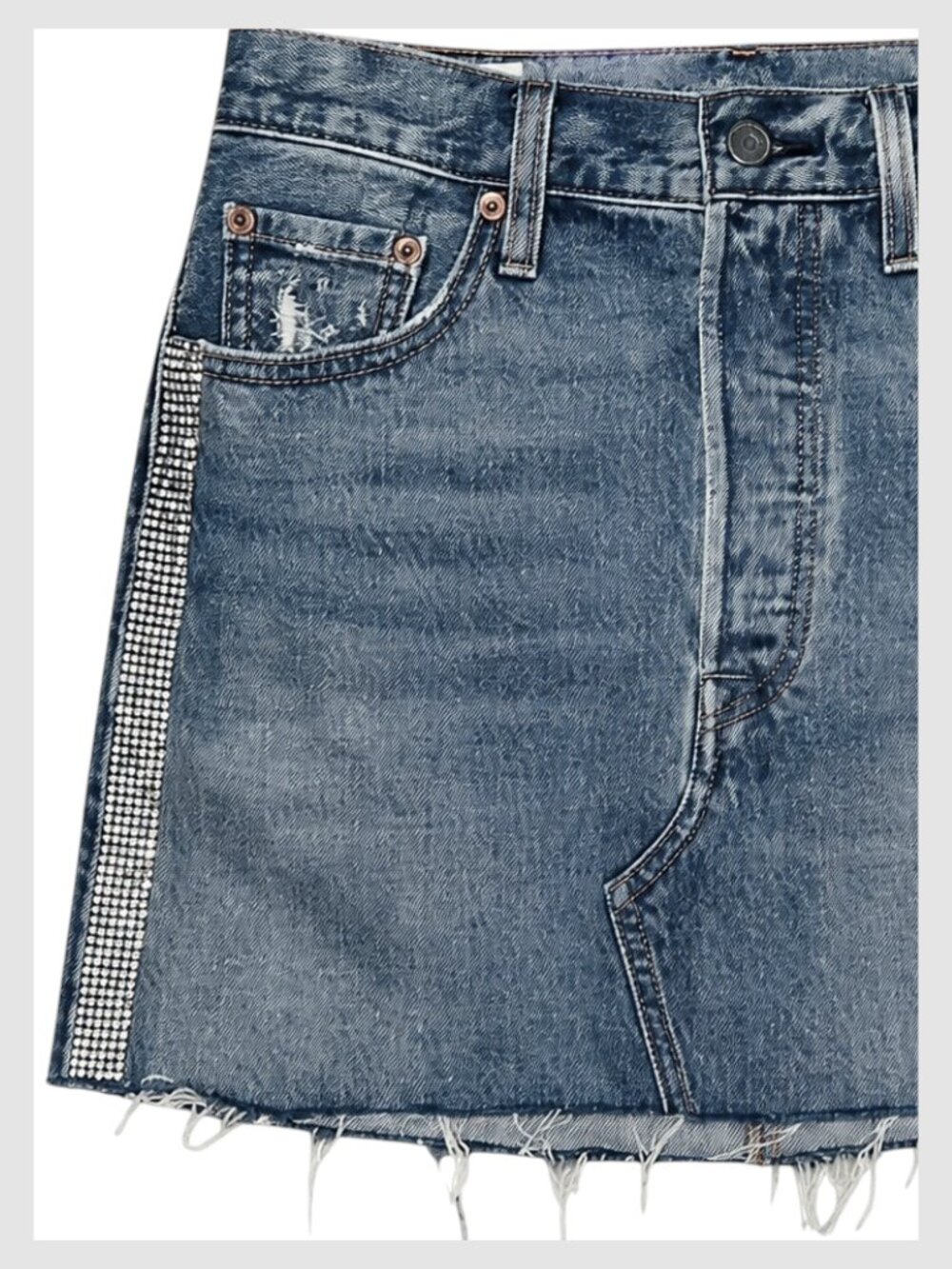 Levi’s Premium Denim Mini Skirt Blue Rhinestone Raw Hem 26 - Picture 5 of 10